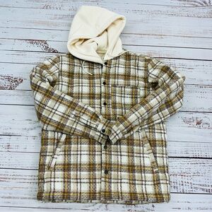 ZARA Men’s Size Medium Brown Cream Beige Plaid Flannel Overshirt Hoodie Jacket